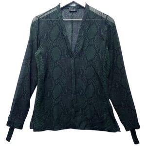 Akris Silk Snakeskin Green Sheer Vneck Long Sleeve Blouse
